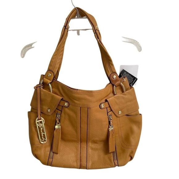 B. Makowsky Tan East West Sadie Pocket Shopper Caramel Leather Shoulder Bag NWT - Picture 4 of 13